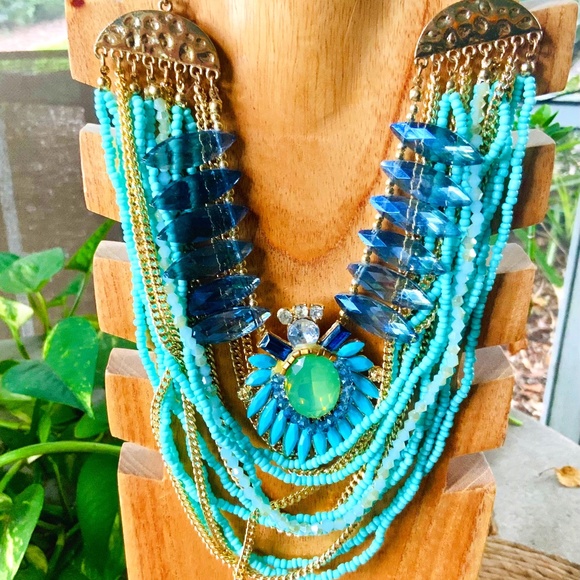 Bold Statement Necklace Multi Strand DRAMATIC VINTAGE 1980s TURQUOISE BLUES NWOT - Picture 1 of 15